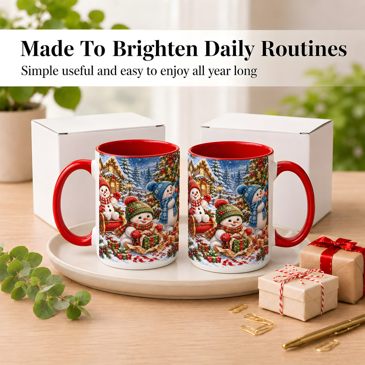 #pl[15oz|Red] Snowman Trio Coffee Mug, Christmas Snowman Mug, Ceramic Cup