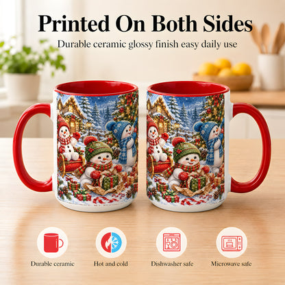 #pl[15oz|Red] Snowman Trio Coffee Mug, Christmas Snowman Mug, Ceramic Cup