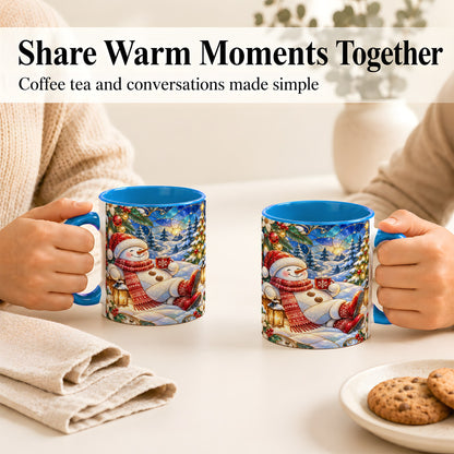 #pl[11oz|Blue] Cozy Snowman Coffee Mug, Christmas Snowman Mug, Ceramic Cup