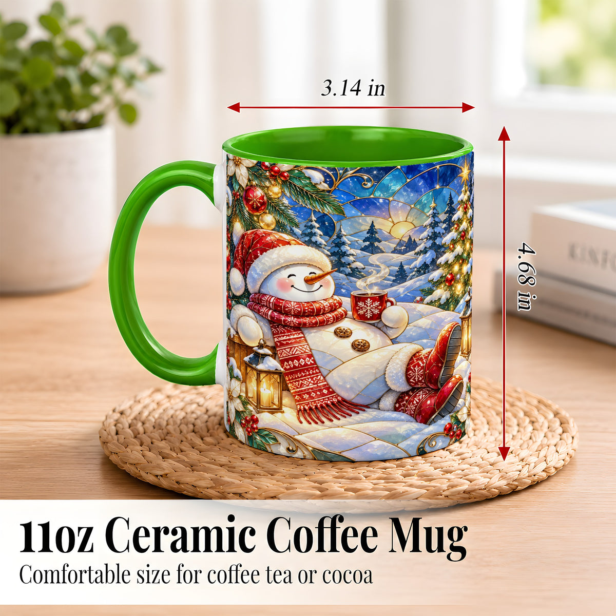 #pl[11oz|Green] Cozy Snowman Coffee Mug, Christmas Snowman Mug, Ceramic Cup