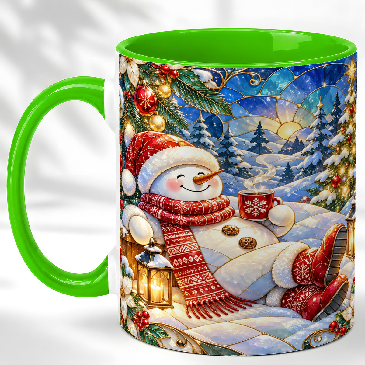 #pl[11oz|Green] Cozy Snowman Coffee Mug, Christmas Snowman Mug, Ceramic Cup
