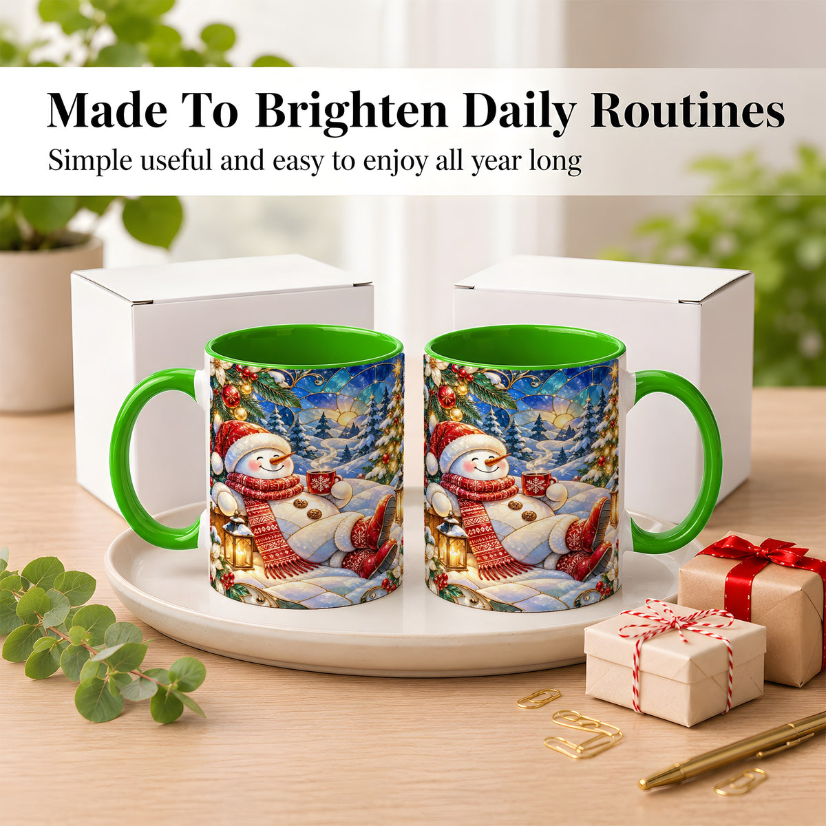 #pl[11oz|Green] Cozy Snowman Coffee Mug, Christmas Snowman Mug, Ceramic Cup