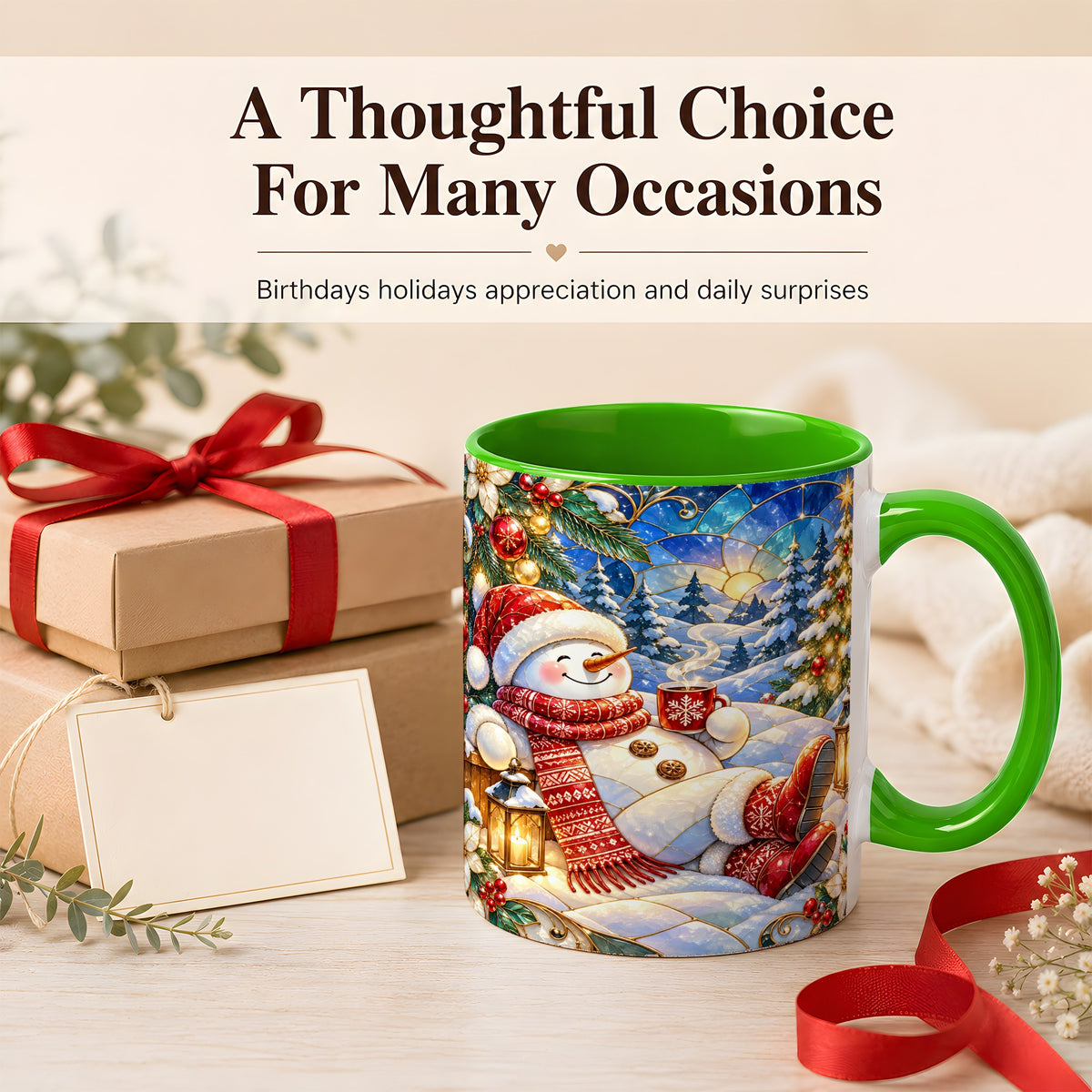 #pl[11oz|Green] Cozy Snowman Coffee Mug, Christmas Snowman Mug, Ceramic Cup