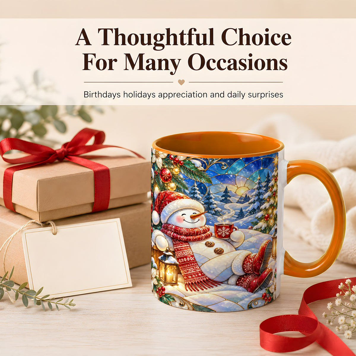 #pl[11oz|Orange] Cozy Snowman Coffee Mug, Christmas Snowman Mug, Ceramic Cup
