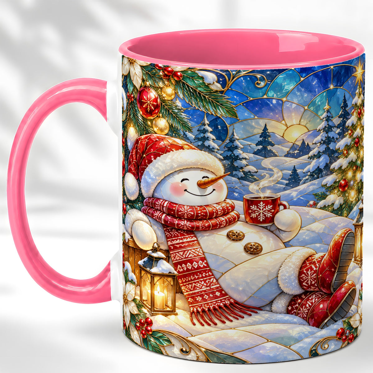 #pl[11oz|Pink] Cozy Snowman Coffee Mug, Christmas Snowman Mug, Ceramic Cup