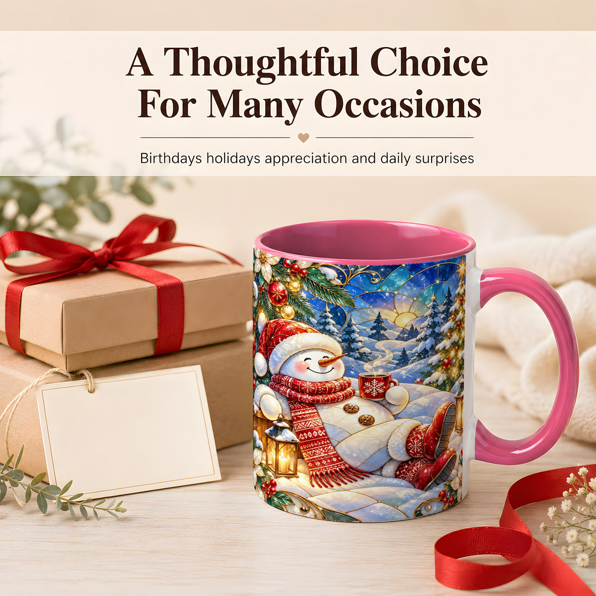 #pl[11oz|Pink] Cozy Snowman Coffee Mug, Christmas Snowman Mug, Ceramic Cup