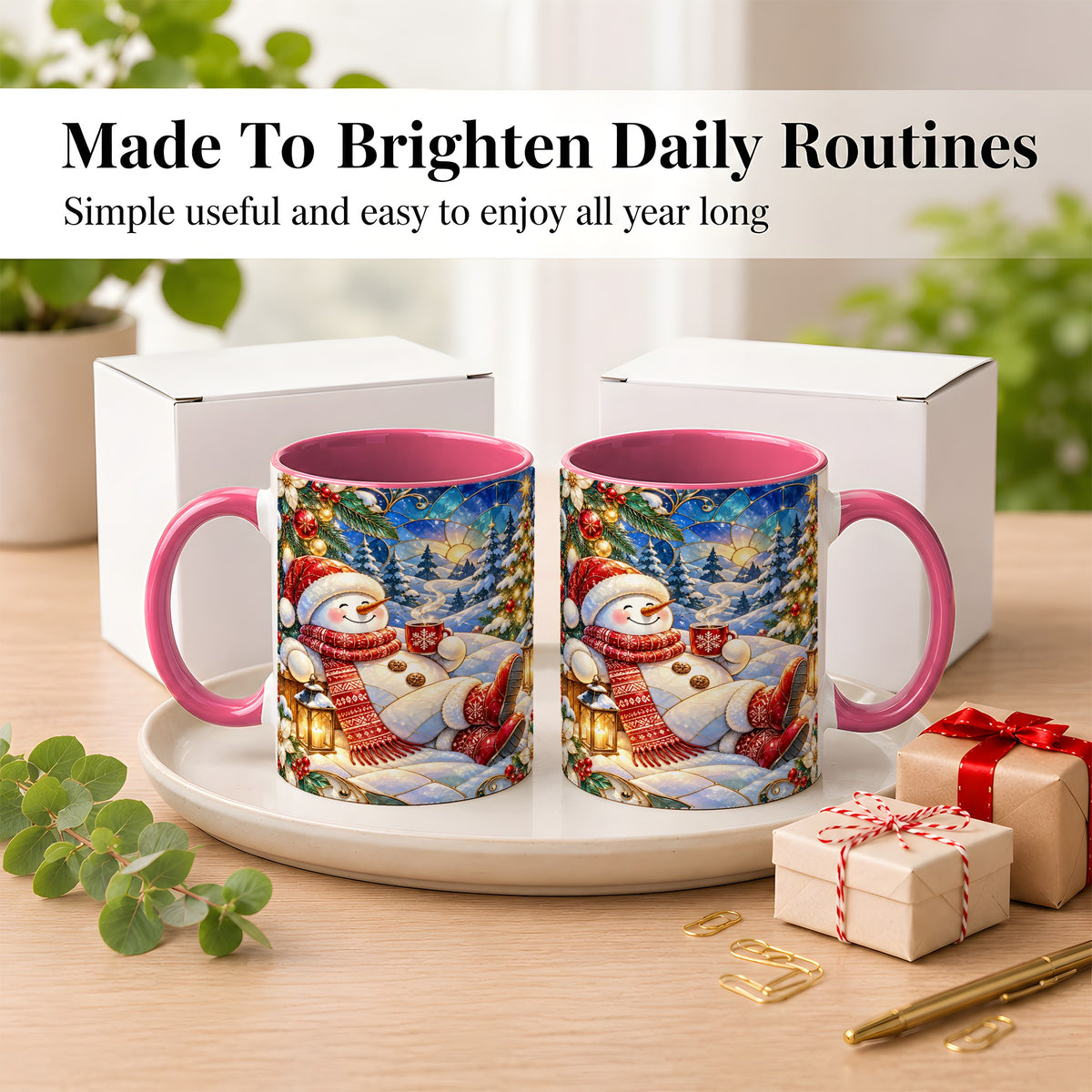#pl[11oz|Pink] Cozy Snowman Coffee Mug, Christmas Snowman Mug, Ceramic Cup