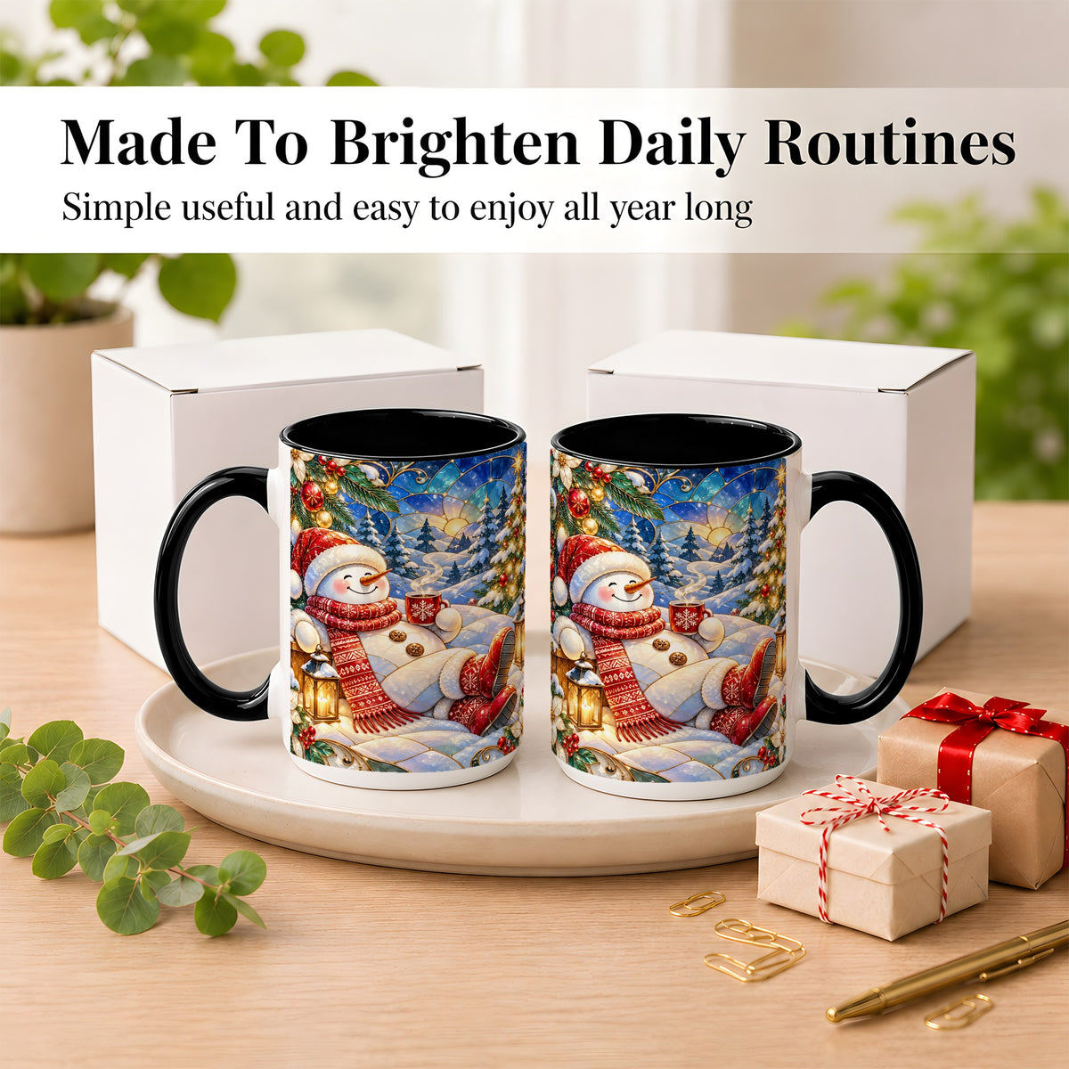 #pl[15oz|Black] Cozy Snowman Coffee Mug, Christmas Snowman Mug, Ceramic Cup