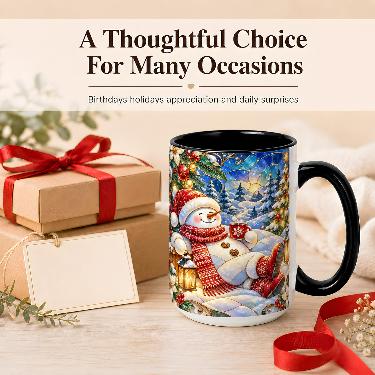 #pl[15oz|Black] Cozy Snowman Coffee Mug, Christmas Snowman Mug, Ceramic Cup