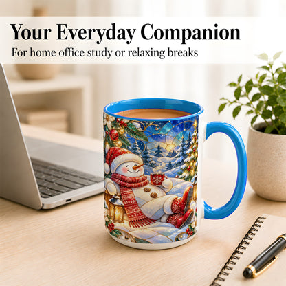 #pl[15oz|Blue] Cozy Snowman Coffee Mug, Christmas Snowman Mug, Ceramic Cup