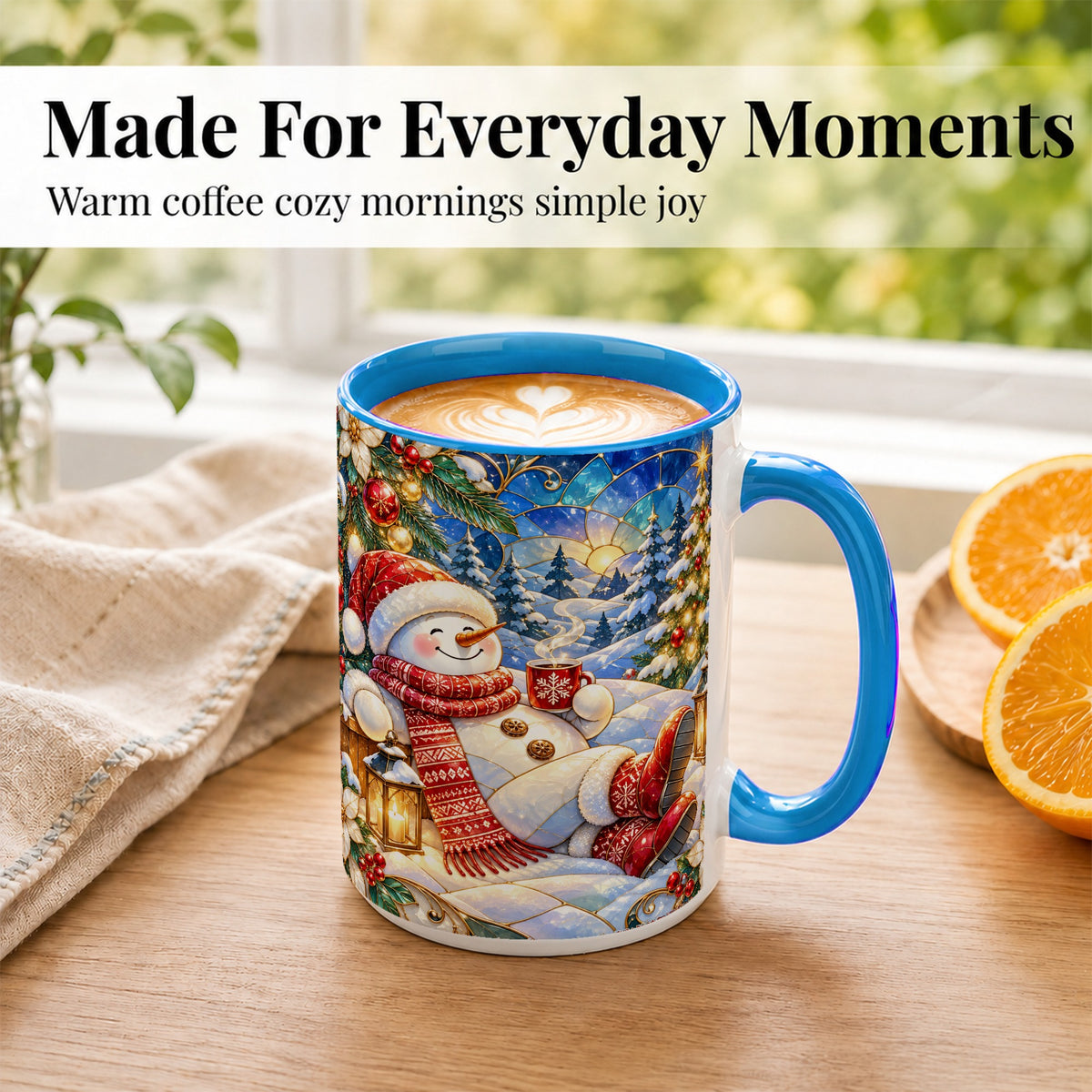 #pl[15oz|Blue] Cozy Snowman Coffee Mug, Christmas Snowman Mug, Ceramic Cup