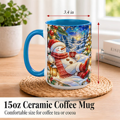 #pl[15oz|Blue] Cozy Snowman Coffee Mug, Christmas Snowman Mug, Ceramic Cup