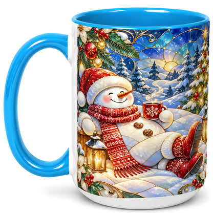 #pl[15oz|Blue] Cozy Snowman Coffee Mug, Christmas Snowman Mug, Ceramic Cup