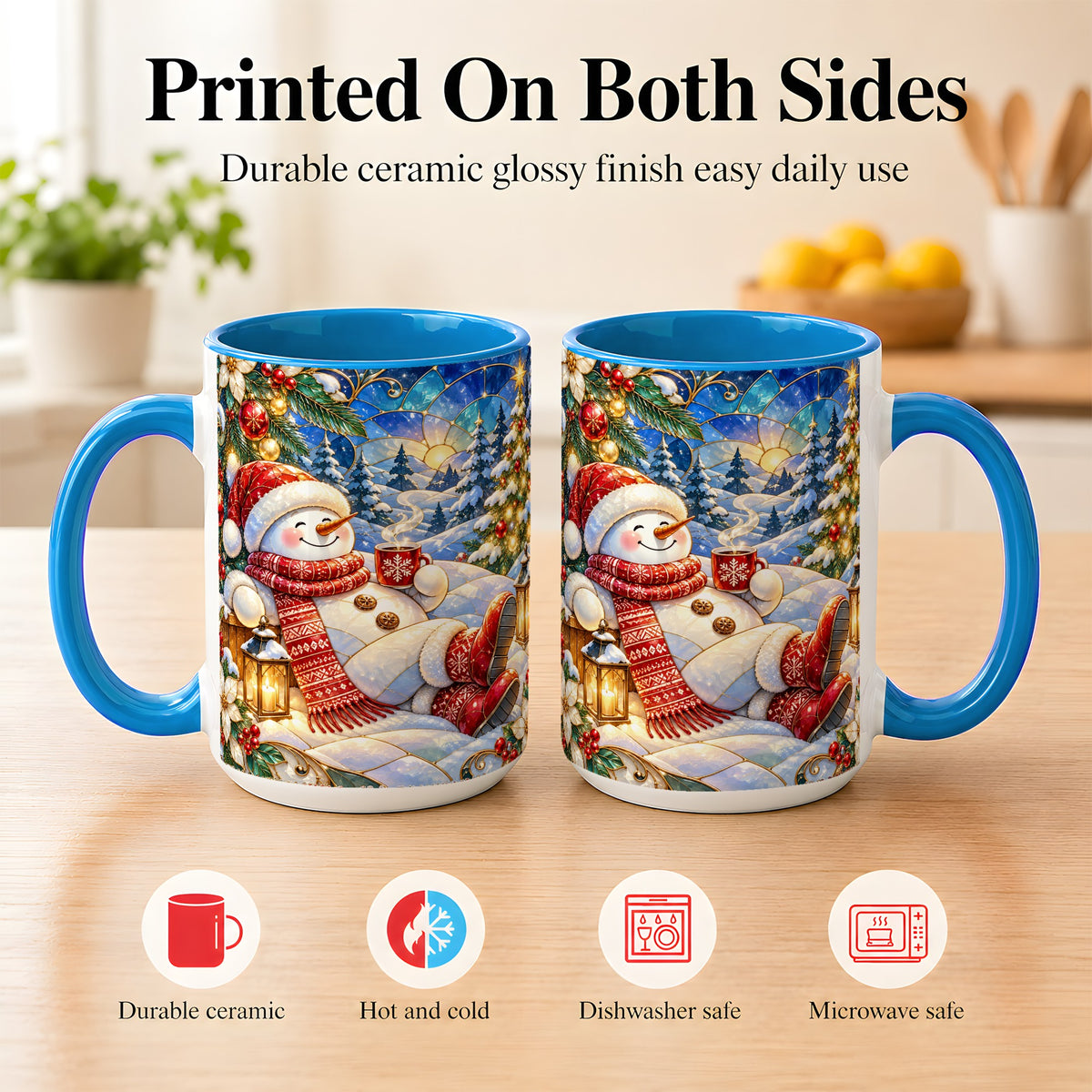 #pl[15oz|Blue] Cozy Snowman Coffee Mug, Christmas Snowman Mug, Ceramic Cup