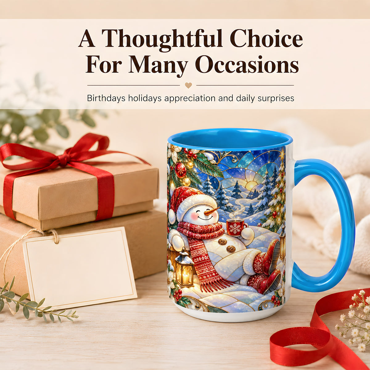 #pl[15oz|Blue] Cozy Snowman Coffee Mug, Christmas Snowman Mug, Ceramic Cup