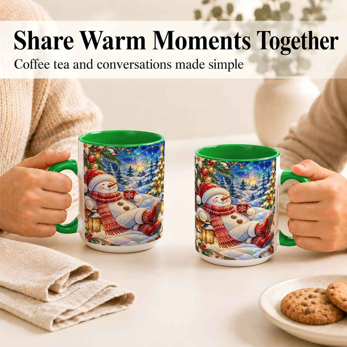 #pl[15oz|Green] Cozy Snowman Coffee Mug, Christmas Snowman Mug, Ceramic Cup