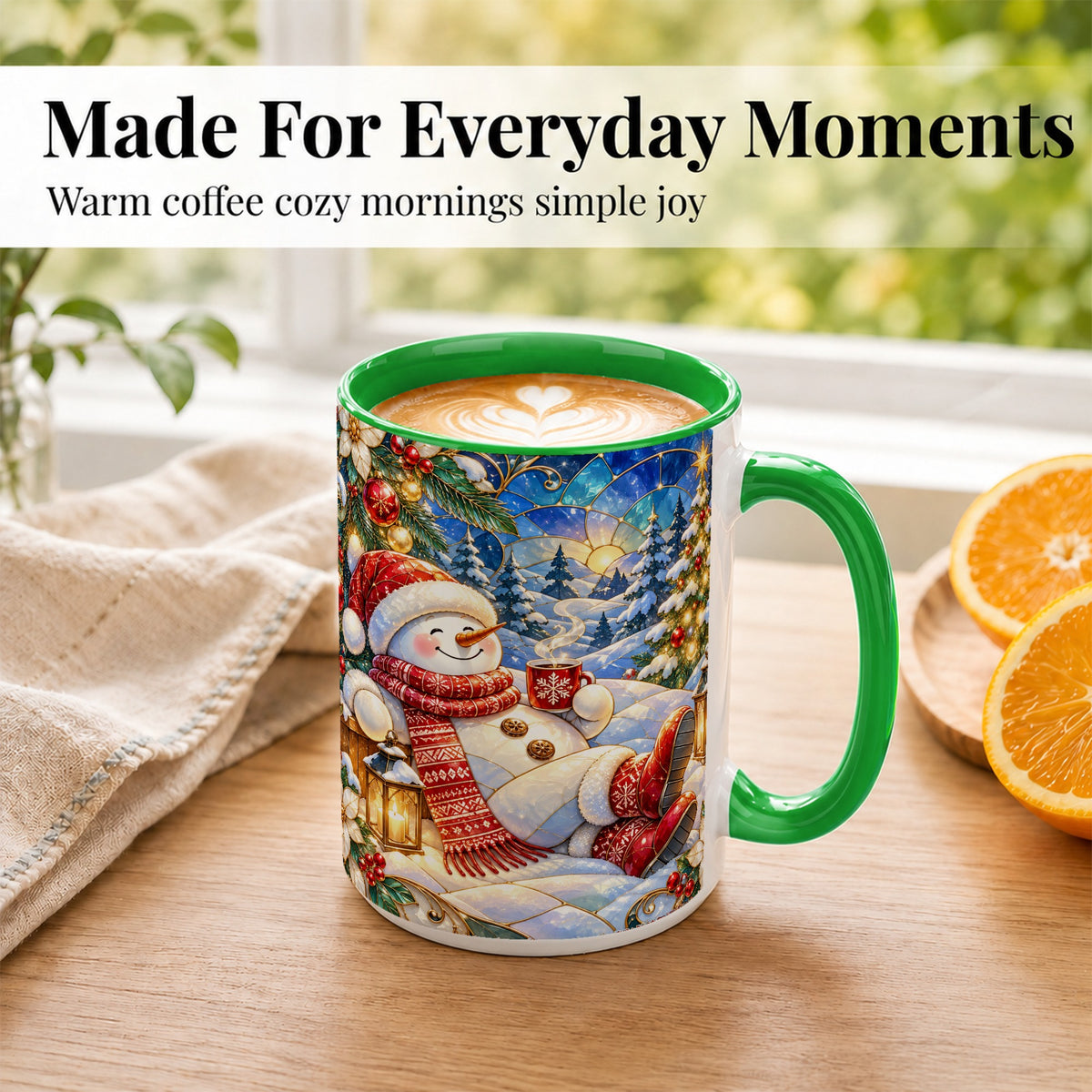 #pl[15oz|Green] Cozy Snowman Coffee Mug, Christmas Snowman Mug, Ceramic Cup