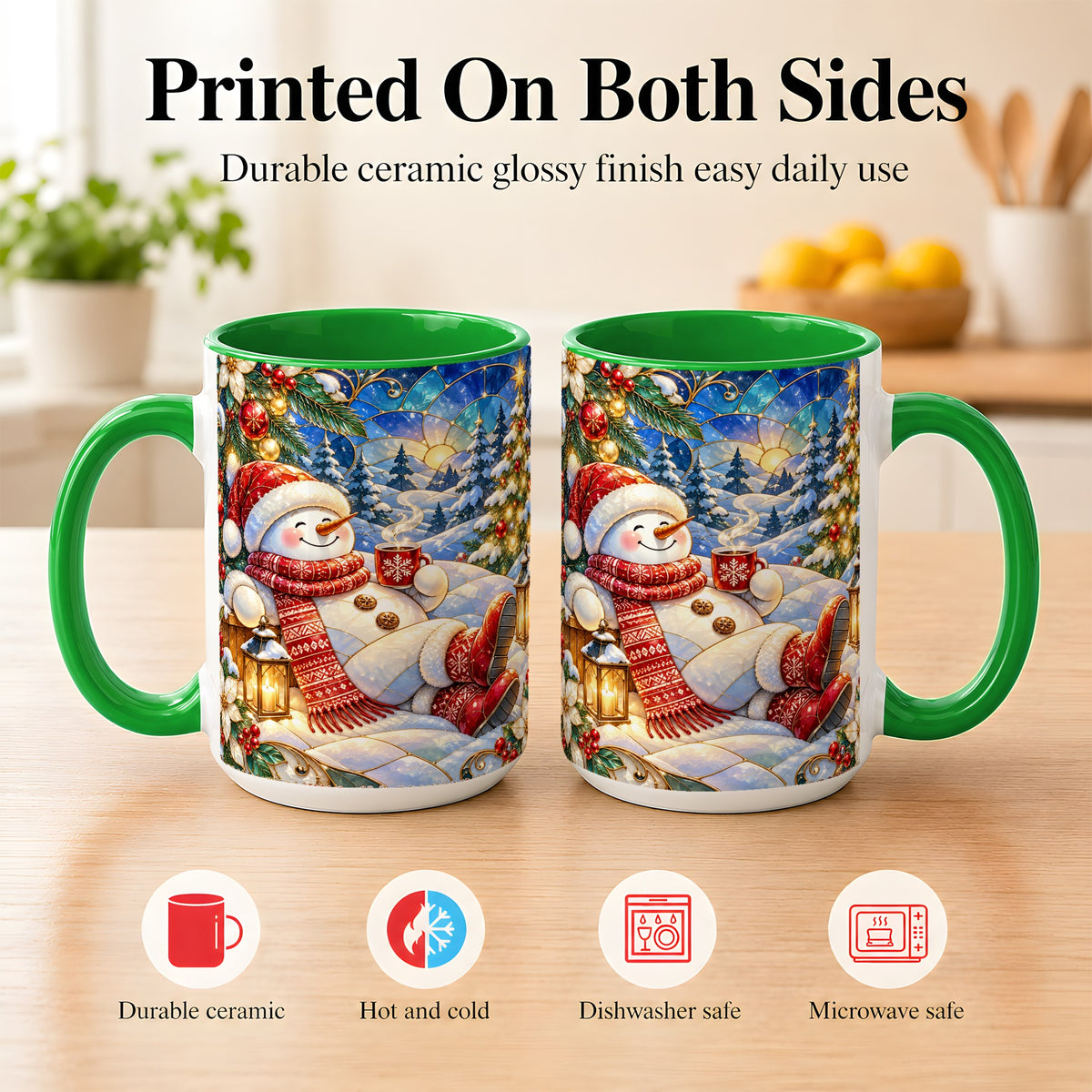 #pl[15oz|Green] Cozy Snowman Coffee Mug, Christmas Snowman Mug, Ceramic Cup