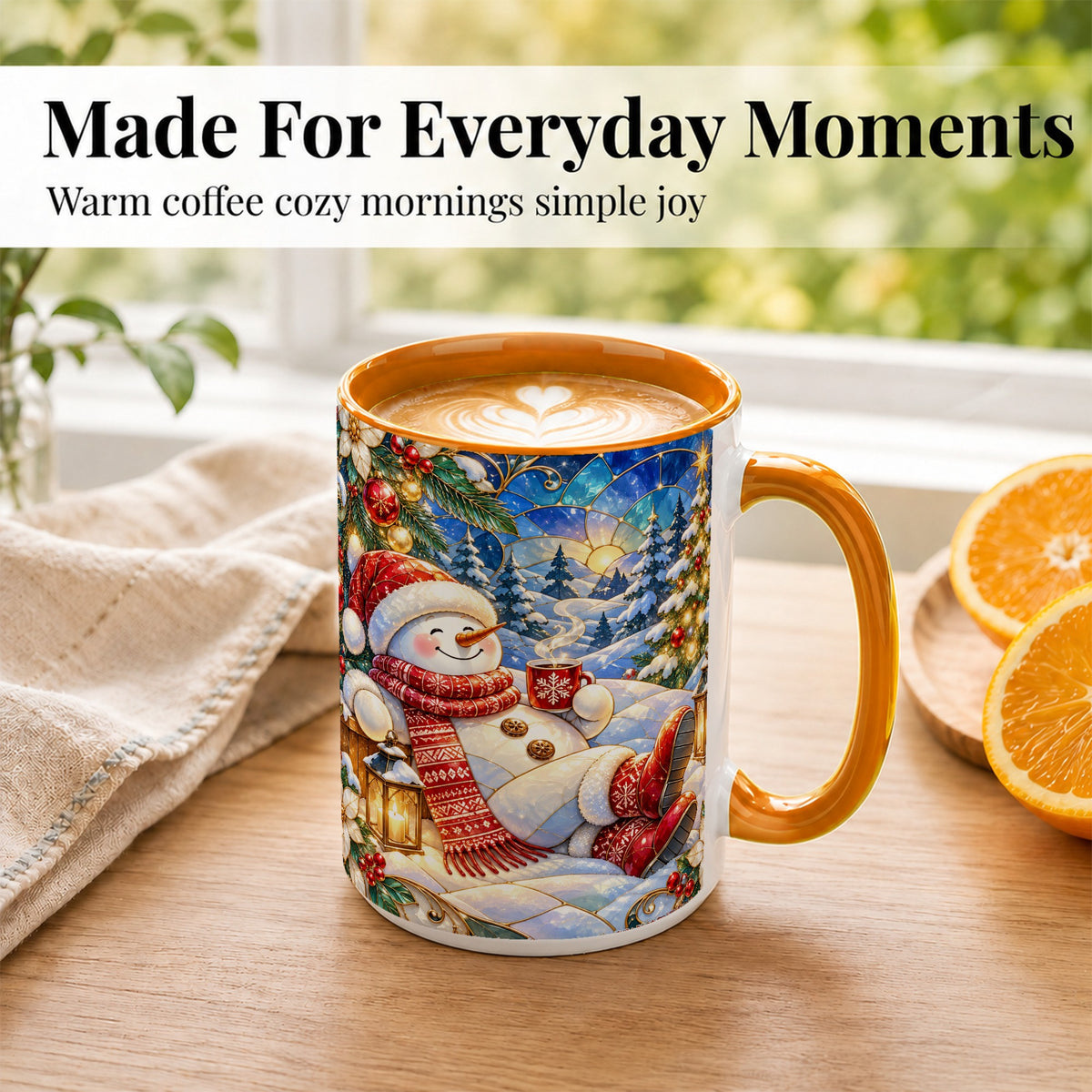 #pl[15oz|Orange] Cozy Snowman Coffee Mug, Christmas Snowman Mug, Ceramic Cup