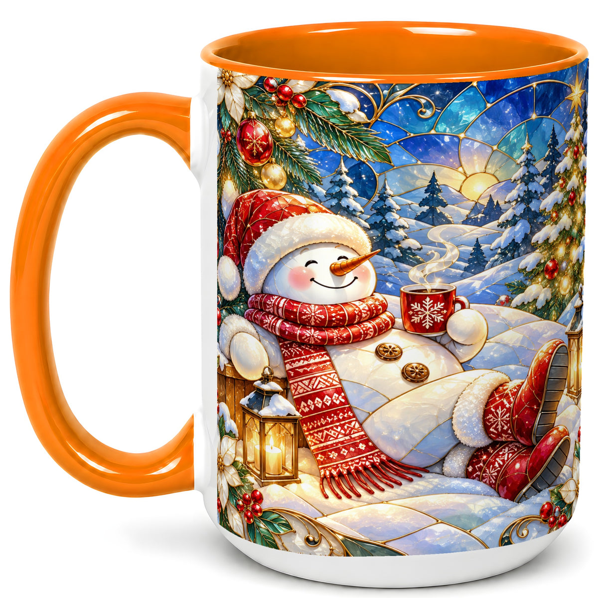 #pl[15oz|Orange] Cozy Snowman Coffee Mug, Christmas Snowman Mug, Ceramic Cup