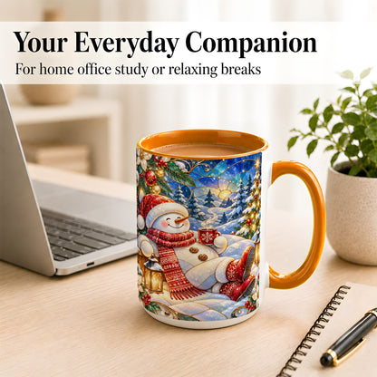 #pl[15oz|Orange] Cozy Snowman Coffee Mug, Christmas Snowman Mug, Ceramic Cup