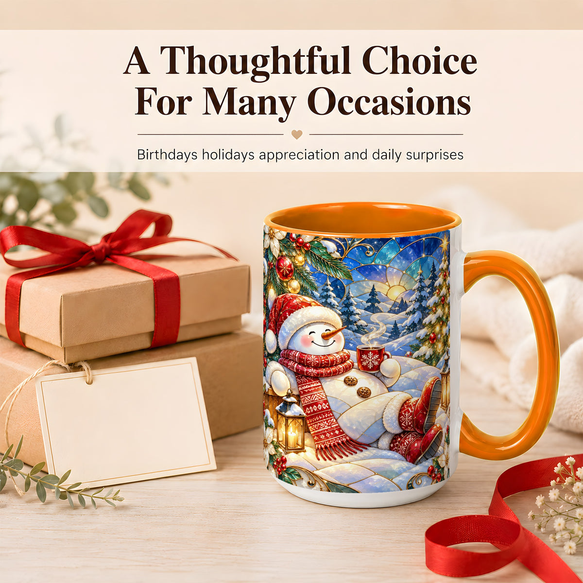 #pl[15oz|Orange] Cozy Snowman Coffee Mug, Christmas Snowman Mug, Ceramic Cup