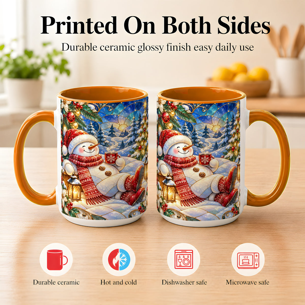 #pl[15oz|Orange] Cozy Snowman Coffee Mug, Christmas Snowman Mug, Ceramic Cup