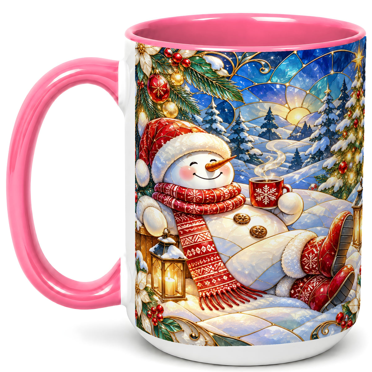 #pl[15oz|Pink] Cozy Snowman Coffee Mug, Christmas Snowman Mug, Ceramic Cup