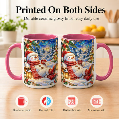 #pl[15oz|Pink] Cozy Snowman Coffee Mug, Christmas Snowman Mug, Ceramic Cup
