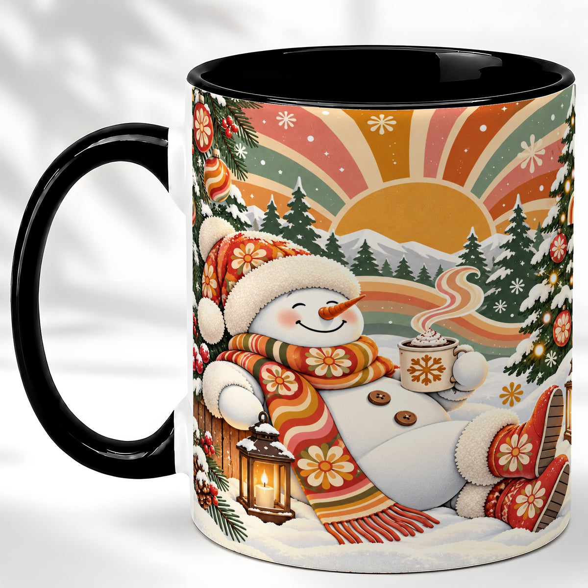 #pl[11oz|Black] Groovy Snowman Coffee Mug, Retro Christmas Mug, Ceramic Cup