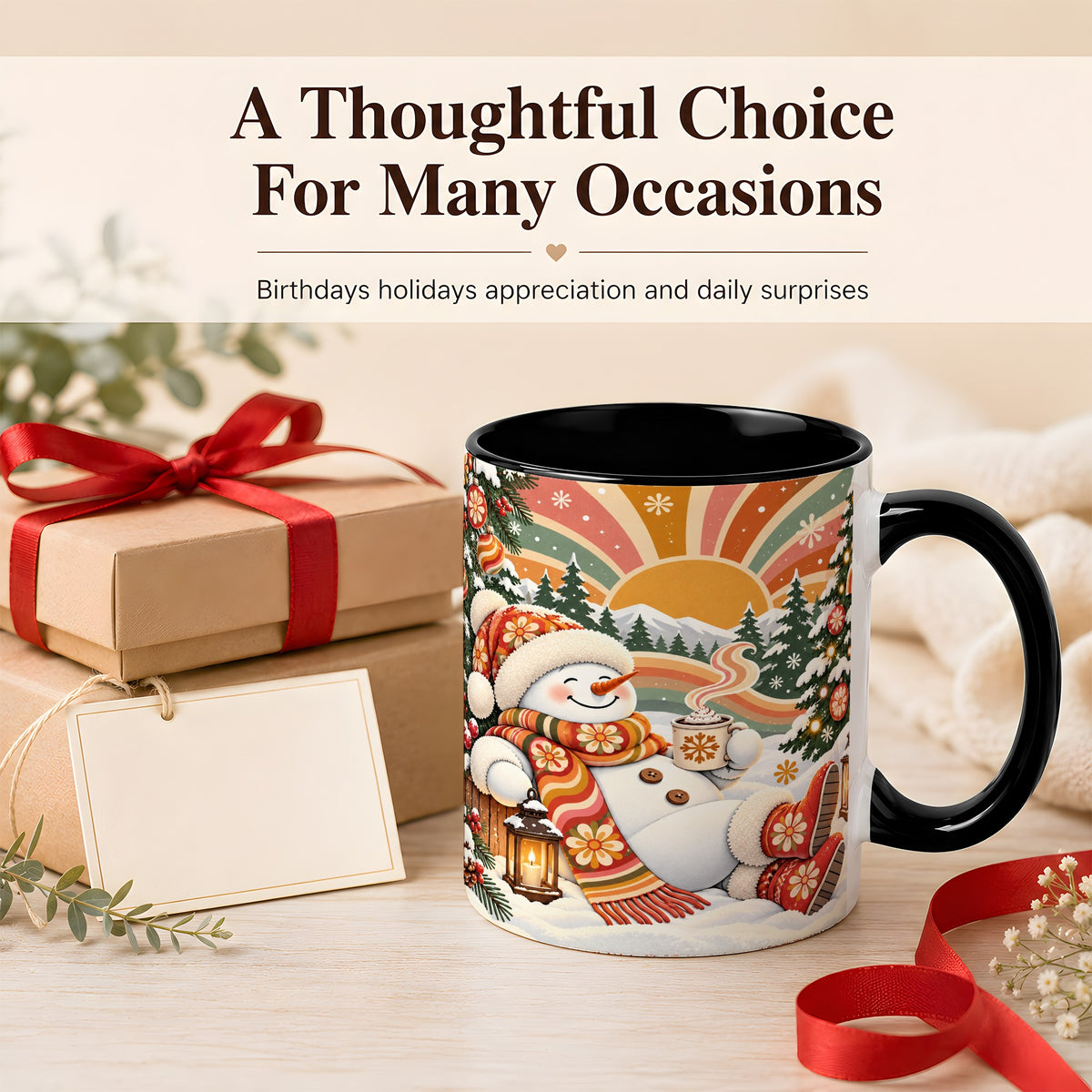 #pl[11oz|Black] Groovy Snowman Coffee Mug, Retro Christmas Mug, Ceramic Cup