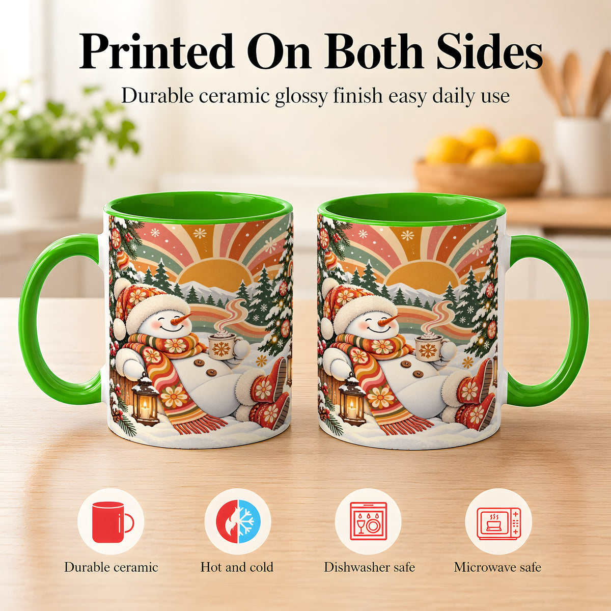 #pl[11oz|Green] Groovy Snowman Coffee Mug, Retro Christmas Mug, Ceramic Cup
