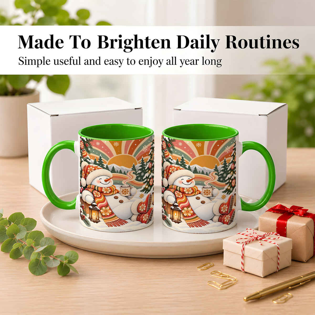 #pl[11oz|Green] Groovy Snowman Coffee Mug, Retro Christmas Mug, Ceramic Cup