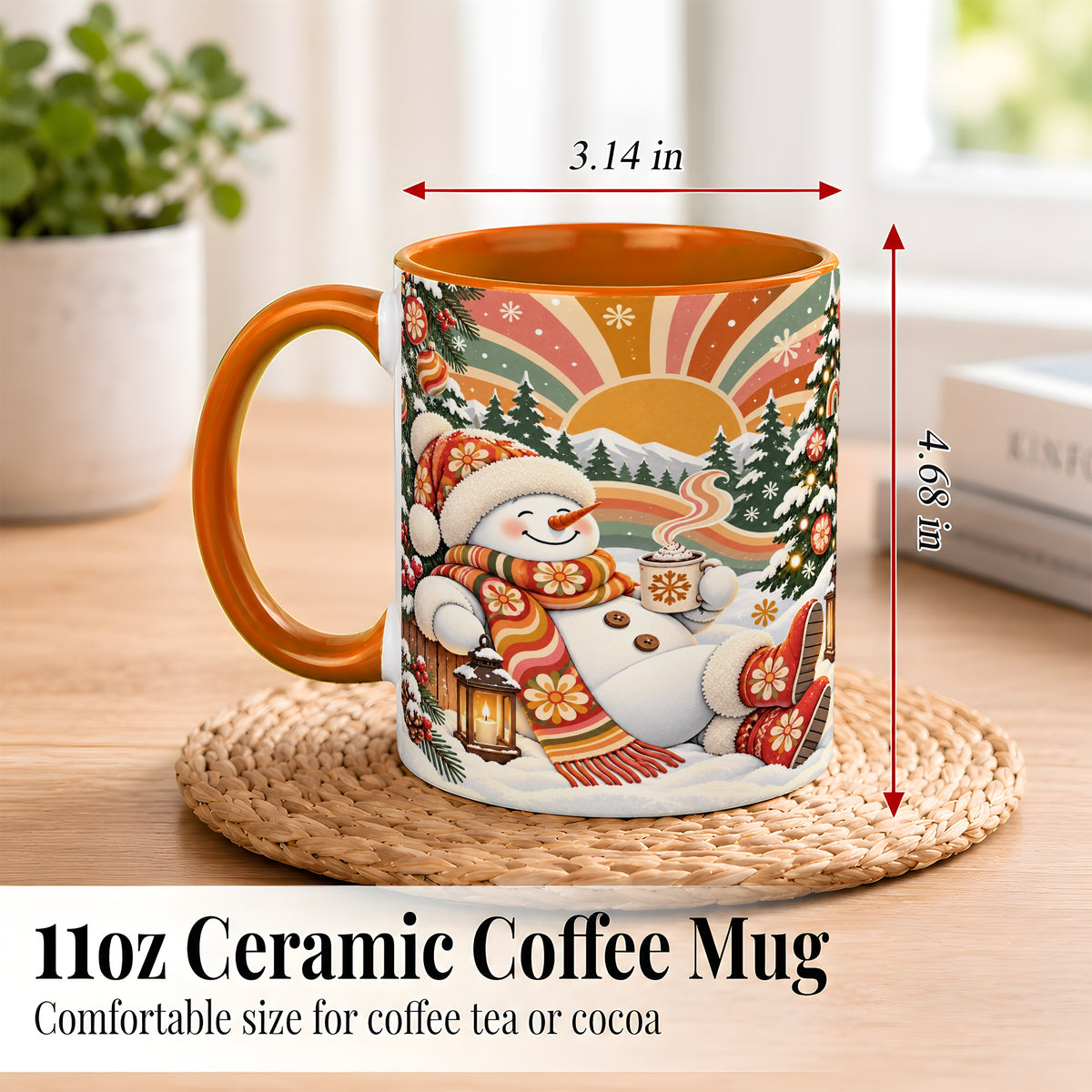 #pl[11oz|Orange] Groovy Snowman Coffee Mug, Retro Christmas Mug, Ceramic Cup