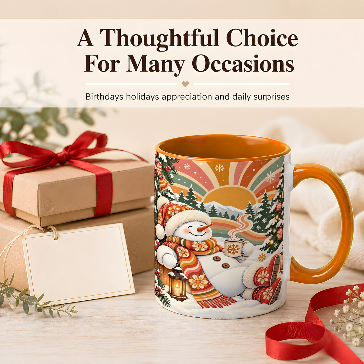 #pl[11oz|Orange] Groovy Snowman Coffee Mug, Retro Christmas Mug, Ceramic Cup
