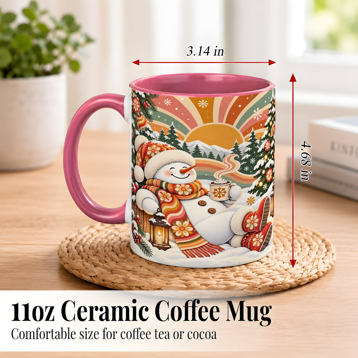 #pl[11oz|Pink] Groovy Snowman Coffee Mug, Retro Christmas Mug, Ceramic Cup
