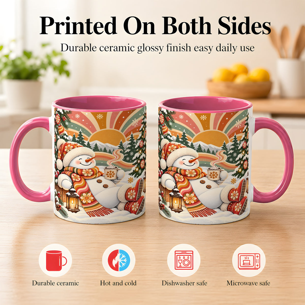 #pl[11oz|Pink] Groovy Snowman Coffee Mug, Retro Christmas Mug, Ceramic Cup