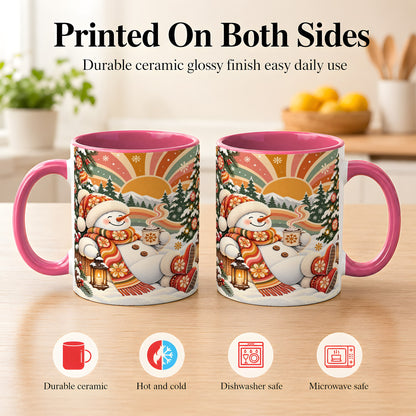 #pl[11oz|Pink] Groovy Snowman Coffee Mug, Retro Christmas Mug, Ceramic Cup