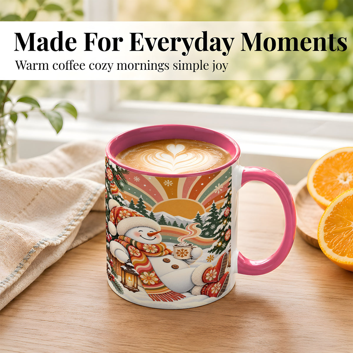 #pl[11oz|Pink] Groovy Snowman Coffee Mug, Retro Christmas Mug, Ceramic Cup