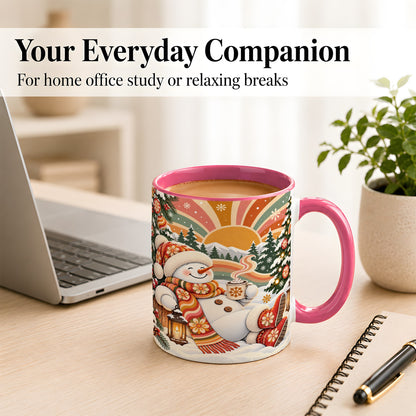 #pl[11oz|Pink] Groovy Snowman Coffee Mug, Retro Christmas Mug, Ceramic Cup