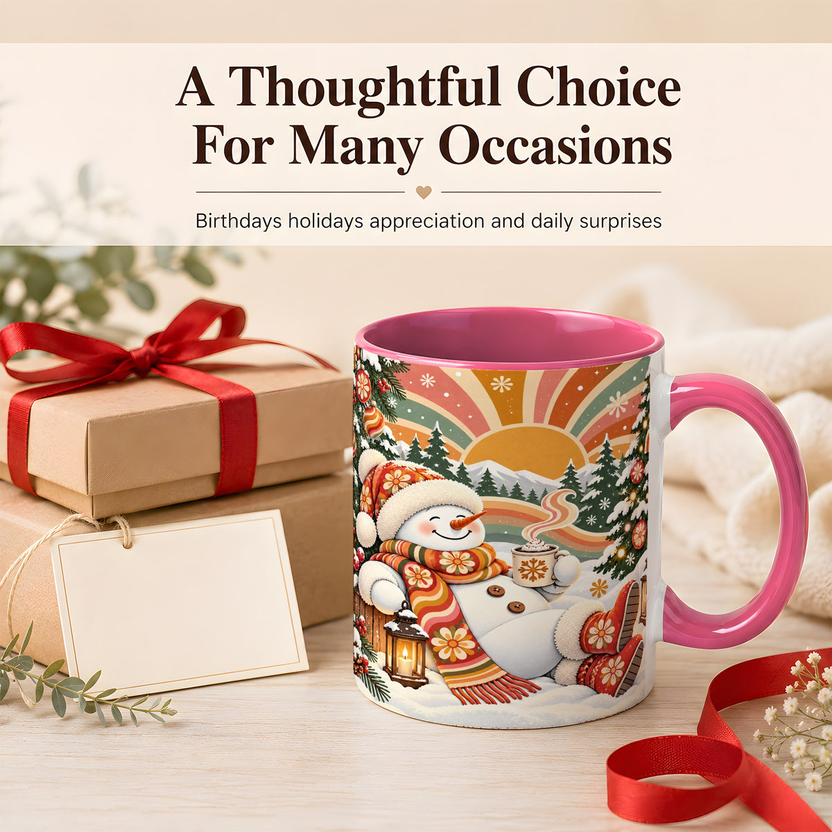 #pl[11oz|Pink] Groovy Snowman Coffee Mug, Retro Christmas Mug, Ceramic Cup