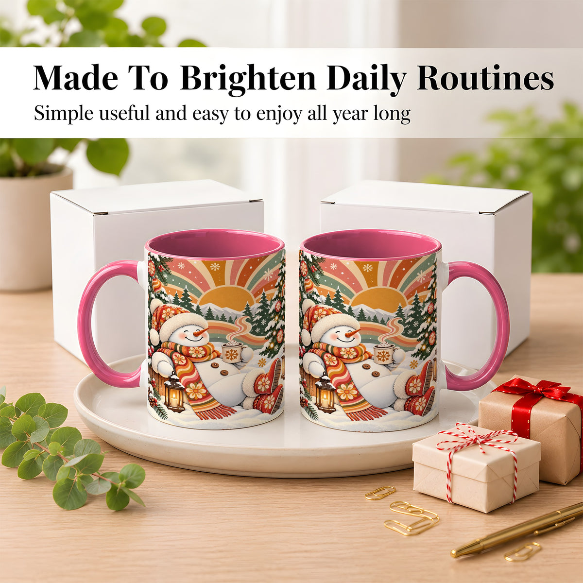 #pl[11oz|Pink] Groovy Snowman Coffee Mug, Retro Christmas Mug, Ceramic Cup