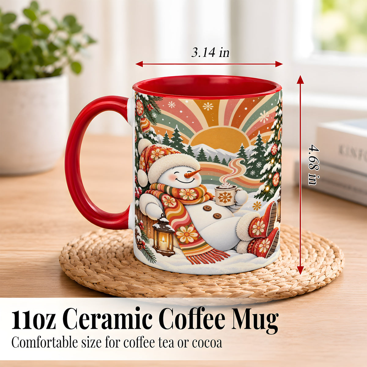 #pl[11oz|Red] Groovy Snowman Coffee Mug, Retro Christmas Mug, Ceramic Cup