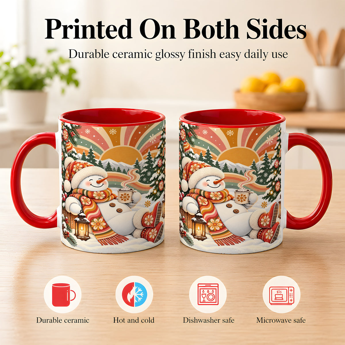 #pl[11oz|Red] Groovy Snowman Coffee Mug, Retro Christmas Mug, Ceramic Cup