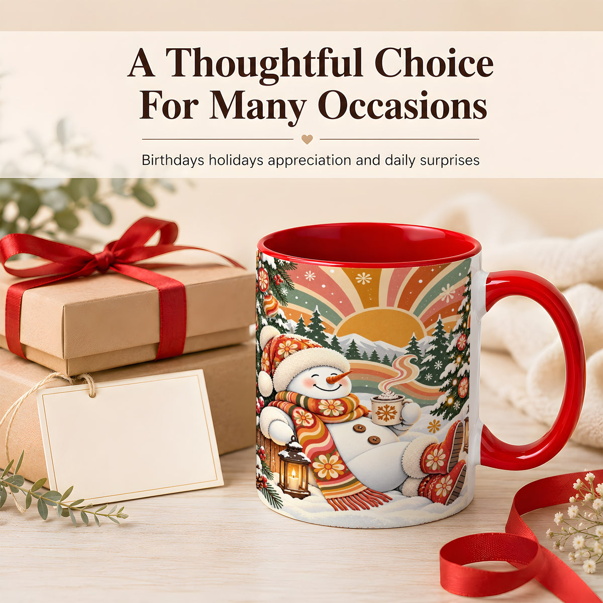 #pl[11oz|Red] Groovy Snowman Coffee Mug, Retro Christmas Mug, Ceramic Cup