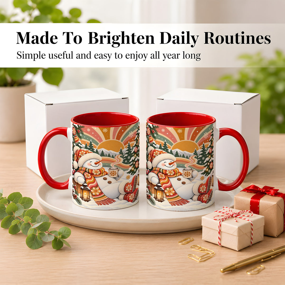 #pl[11oz|Red] Groovy Snowman Coffee Mug, Retro Christmas Mug, Ceramic Cup