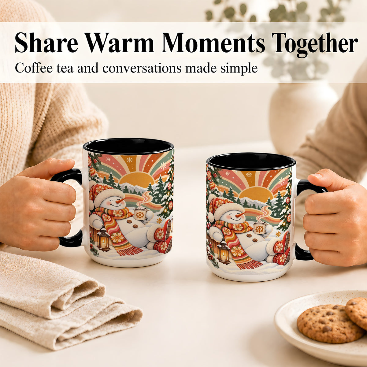 #pl[15oz|Black] Groovy Snowman Coffee Mug, Retro Christmas Mug, Ceramic Cup