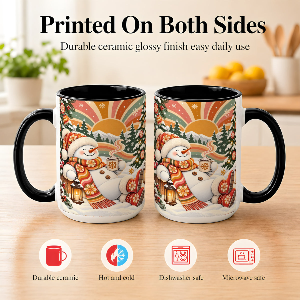 #pl[15oz|Black] Groovy Snowman Coffee Mug, Retro Christmas Mug, Ceramic Cup