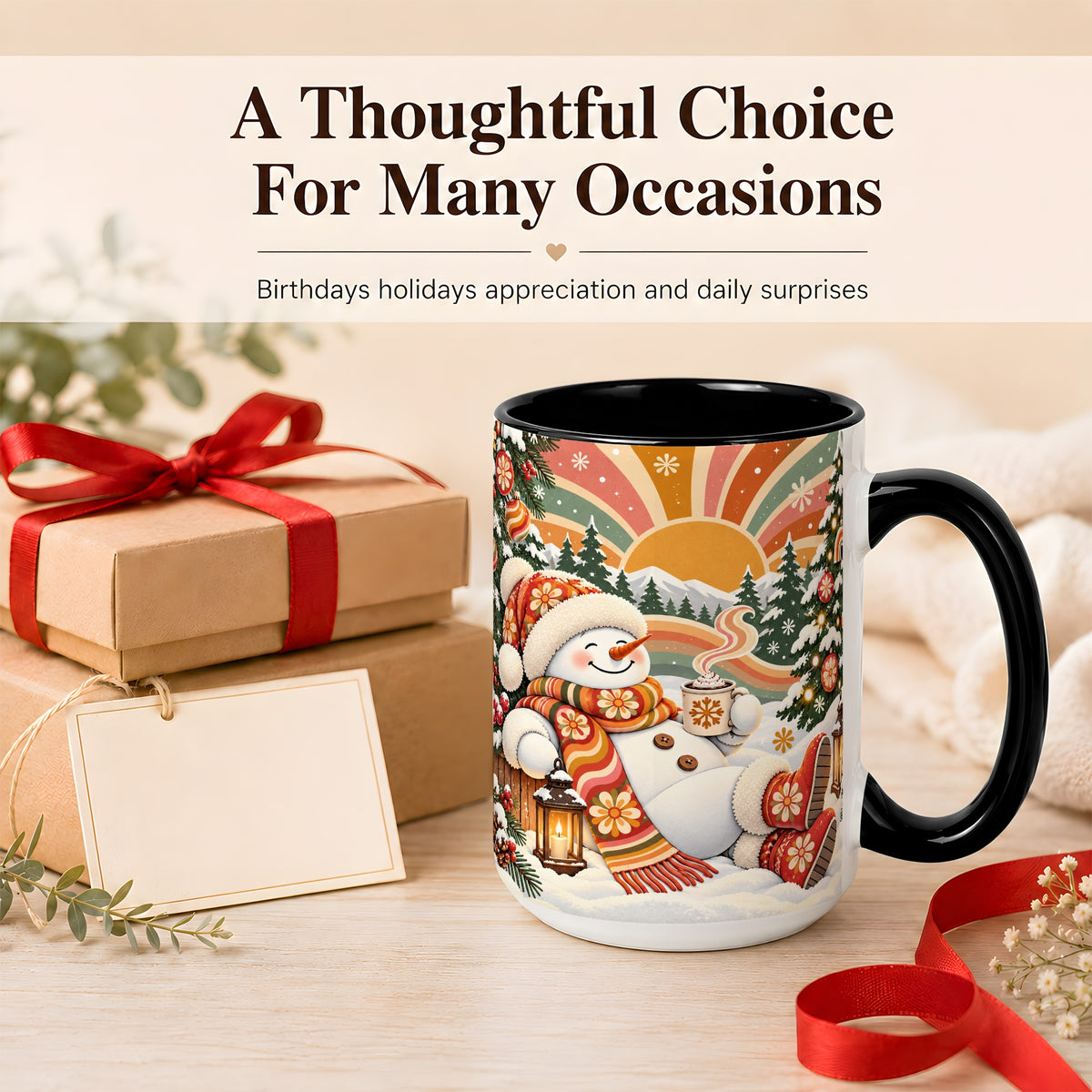 #pl[15oz|Black] Groovy Snowman Coffee Mug, Retro Christmas Mug, Ceramic Cup
