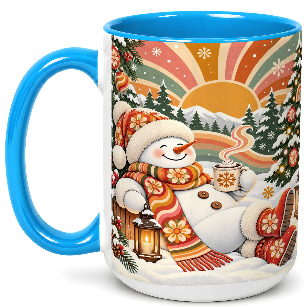 #pl[15oz|Blue] Groovy Snowman Coffee Mug, Retro Christmas Mug, Ceramic Cup